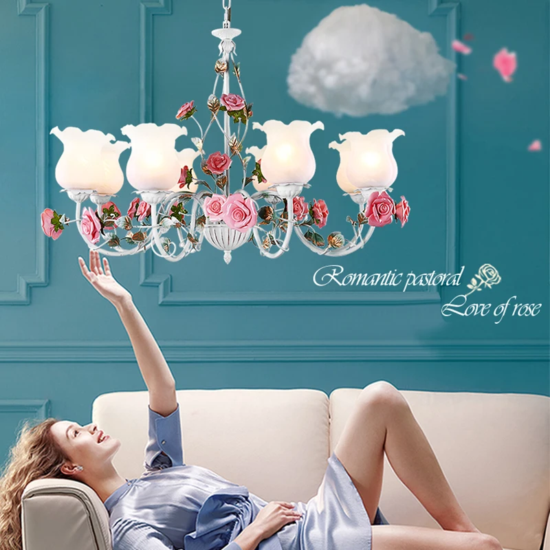 Romantic Chandelier Ldyllic Living Room Lamps Rose Nordic Flower And Grass Chandeliers Mediterranean Princess Bedroom Light