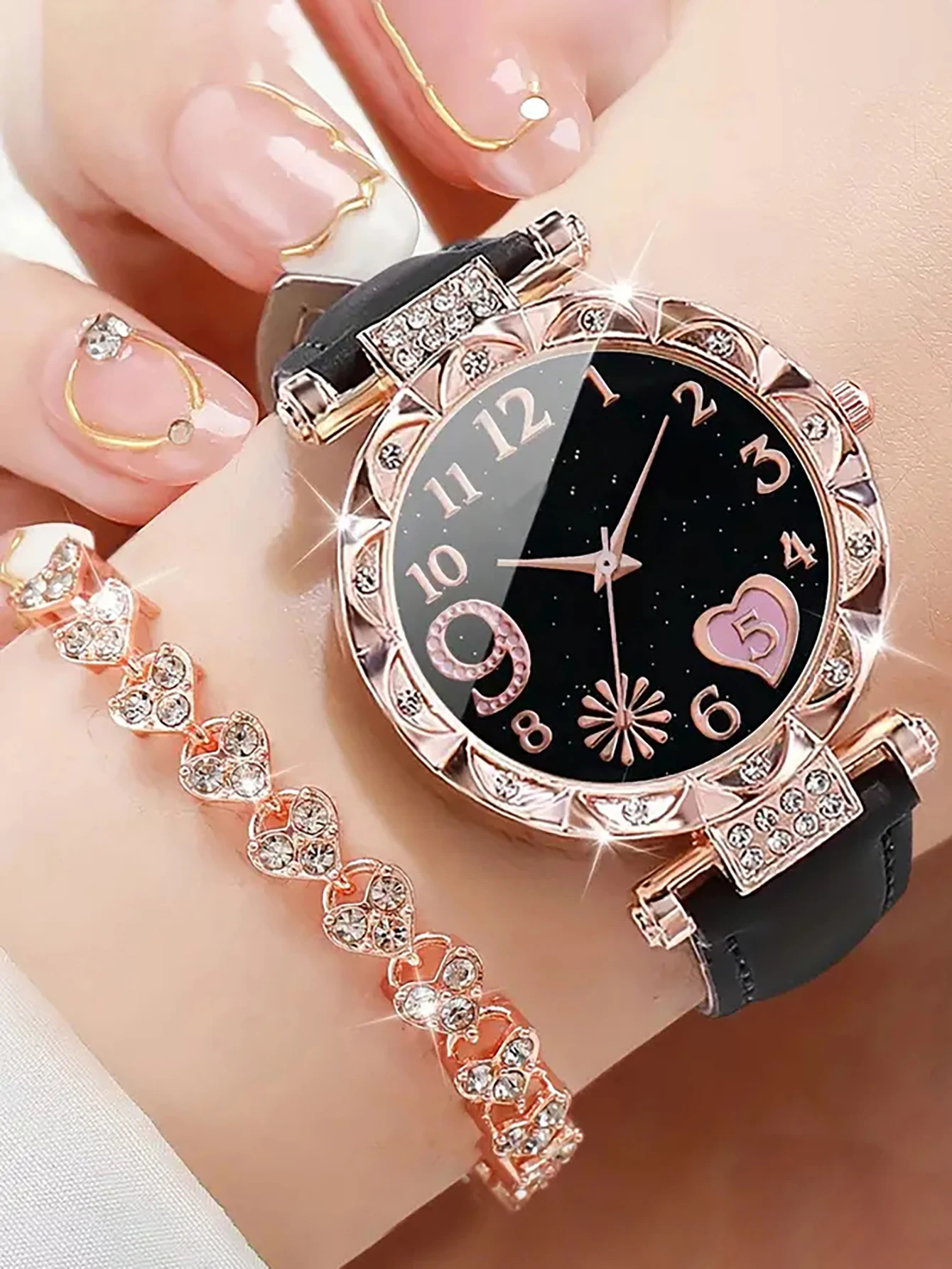 Stylish classic alloy diamond set ladies Rhinestone Mirror ladies quartz watch with feather leather bracelet set