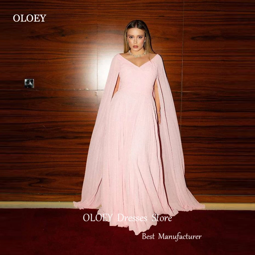 

OLOEY Simple Pink Chiffon Prom Dresses Women Plus Size Cape Long Sleeves V Neck Evening Gowns Party Dress Wedding Guest