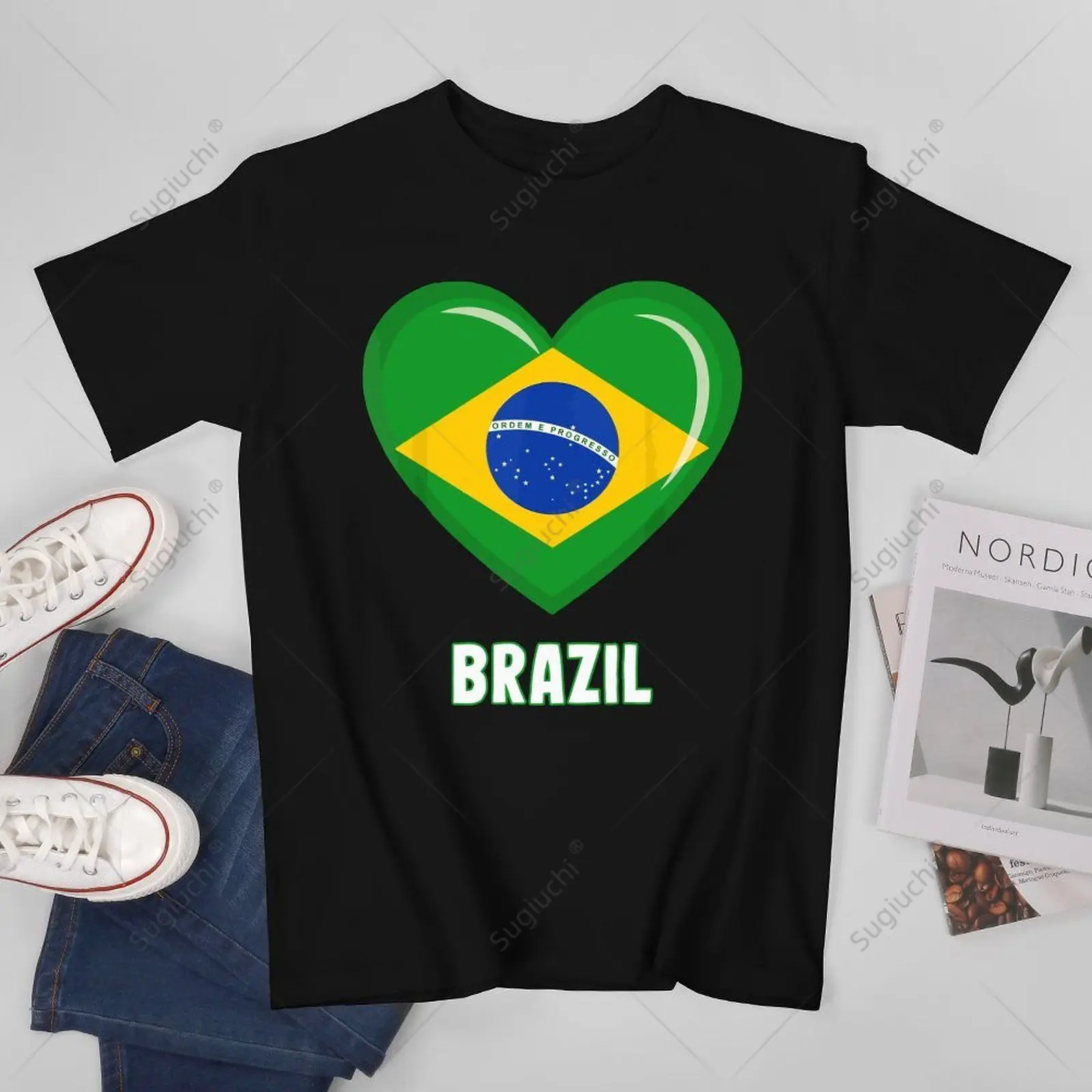 Camiseta brasileña con bandera de Brasil para hombre y mujer, camisa Unisex con corazón, 100% de algodón