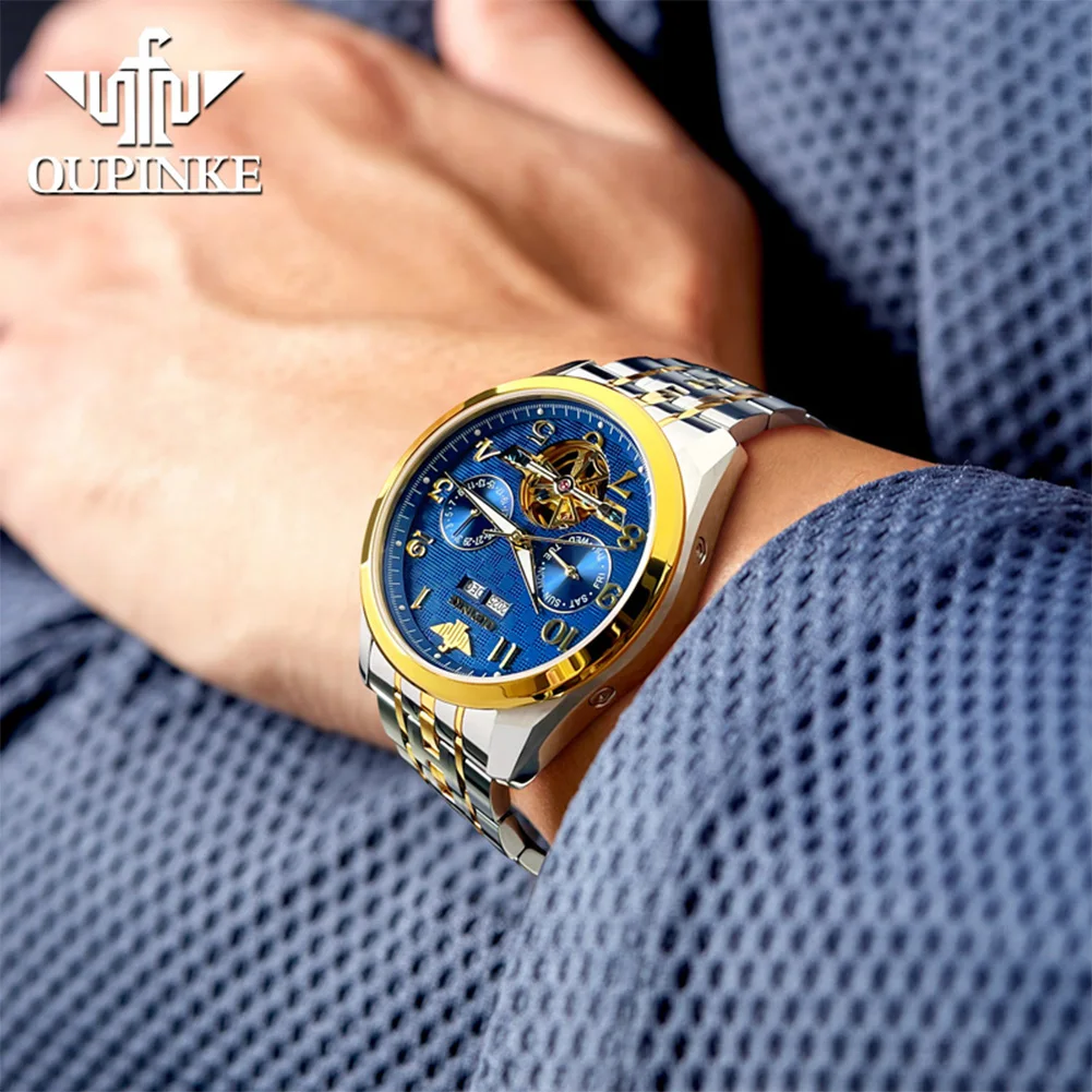 OUPINKE 3263 Orologio da uomo alla moda Movimento automatico Volano Quadrante scheletrato Orologio da polso in acciaio al tungsteno di alta qualità