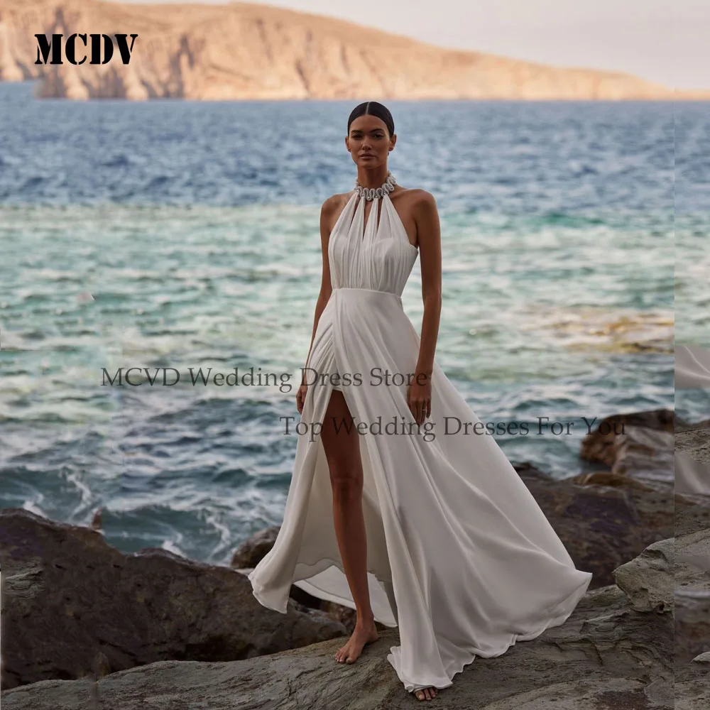 

MCDV Beach A-Line Wedding Dress Halter Neck Open Back Sleeveless Side Slit Pleat Bridal Gown 2025 Vestido De Noiva Customized