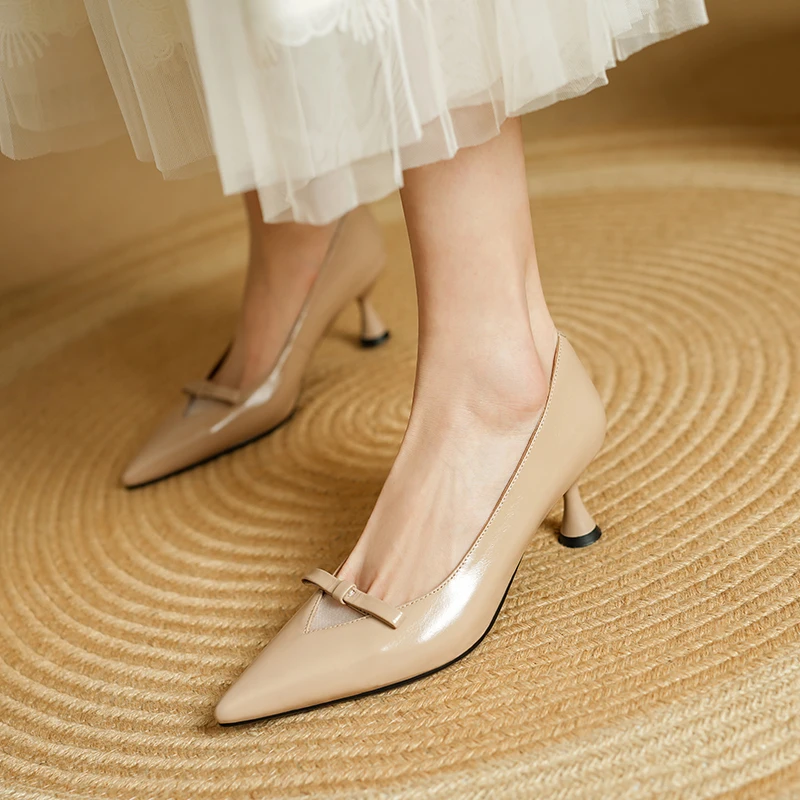

Women Pumps Dress Shoes Thin Heel Elegant Bowtie Woman Genuine Leather Nude Shoes Pointed Toe Wedding Party Retro Spring Shoes