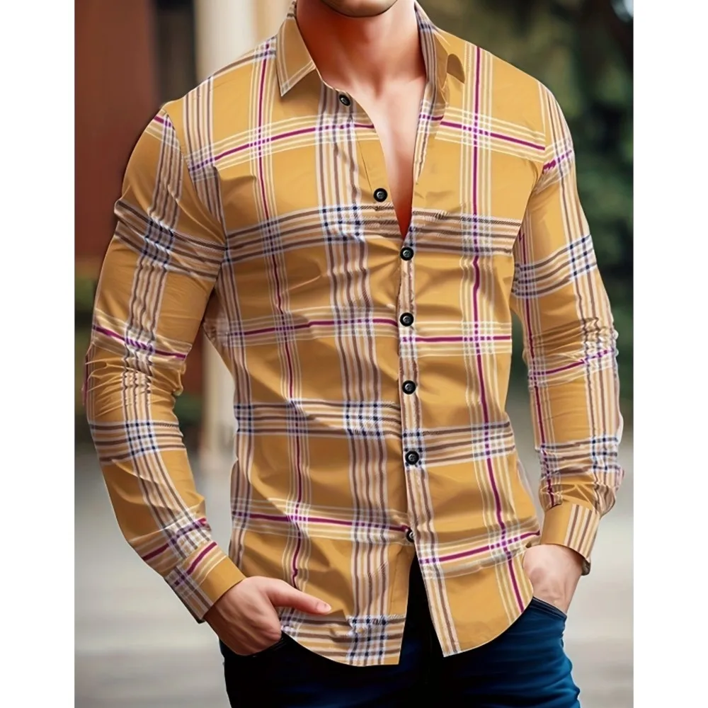 

Новинка 2026, мужская рубашка с длинными рукавами, большие размеры, тонкая повседневная рубашка в клетку с лацканами и принтом, универсальная и удобная дорожная одежда
