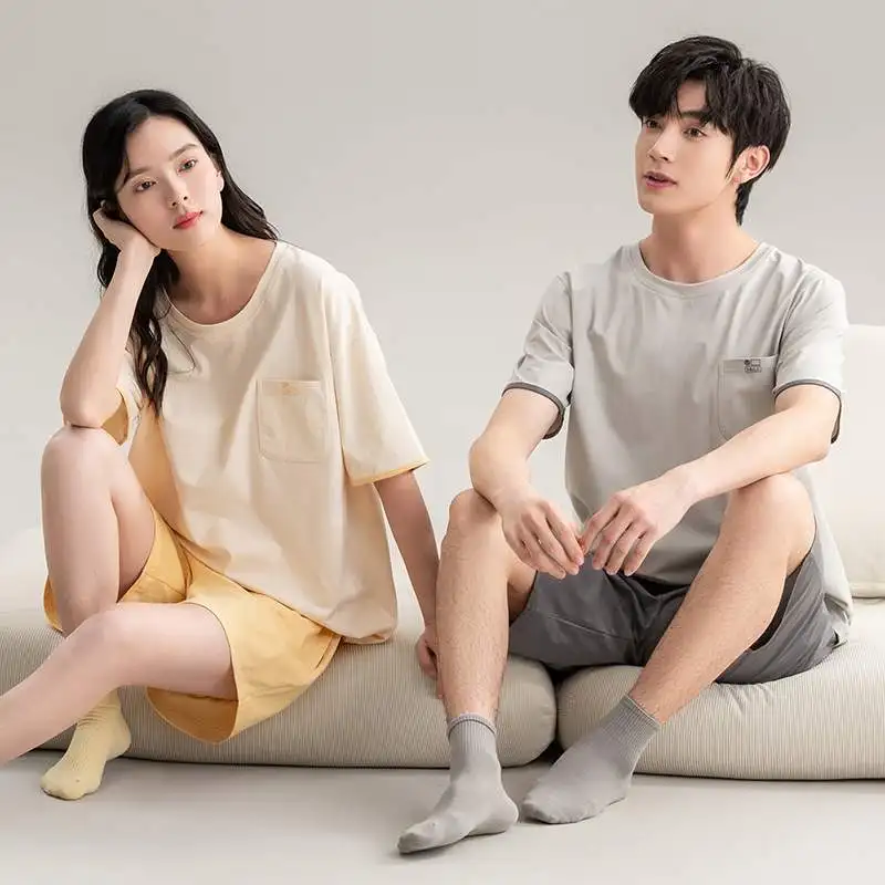 Couples Summer Home Clothes Women's round Neck Short Sleeve Thin Cotton Pajamas Set Spring Autumn Style Korean Home Suit