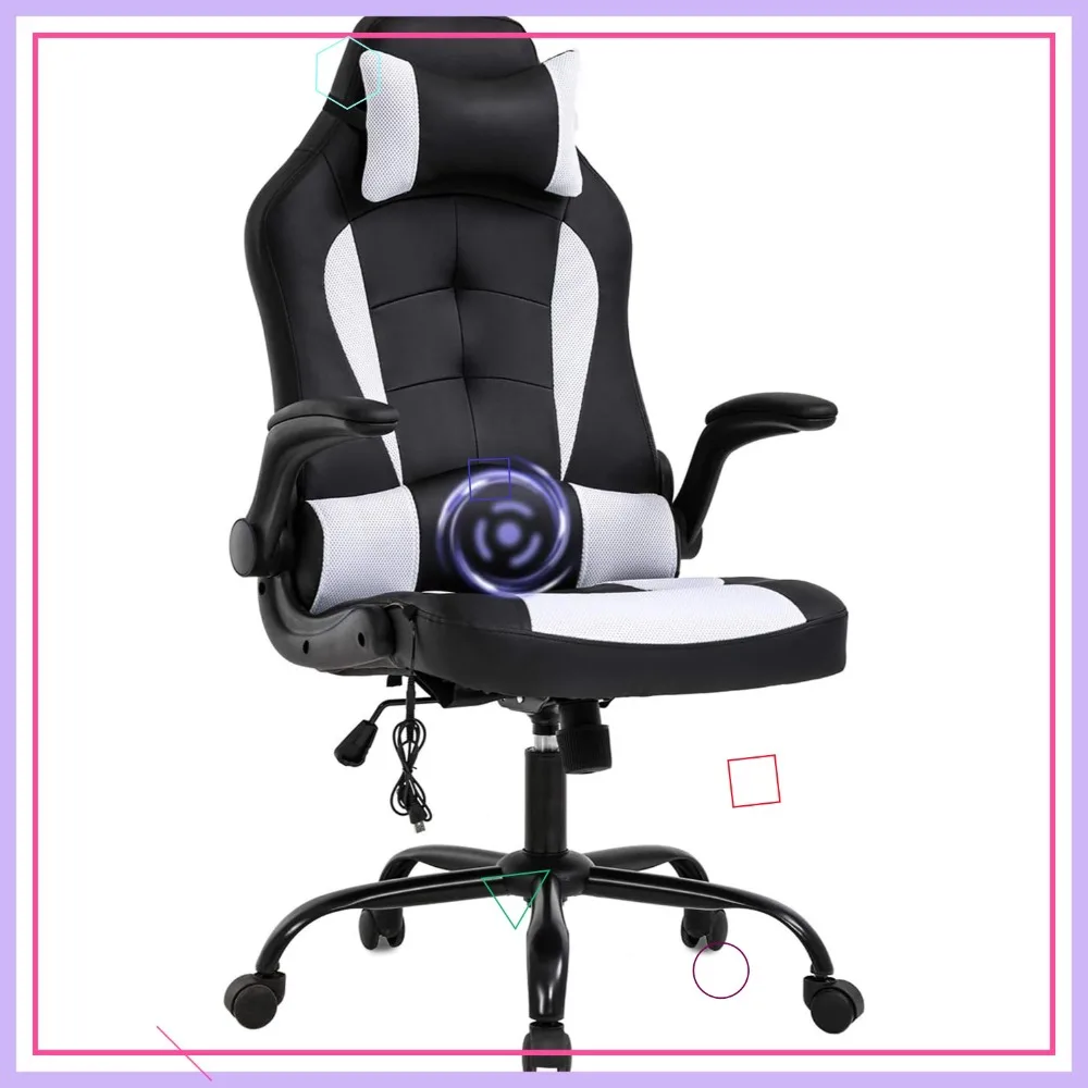 

Ergonomic Massage Gaming Office Chair with Lumbar Support, Headrest, Flip-Up Armrests, Swivel Base in White