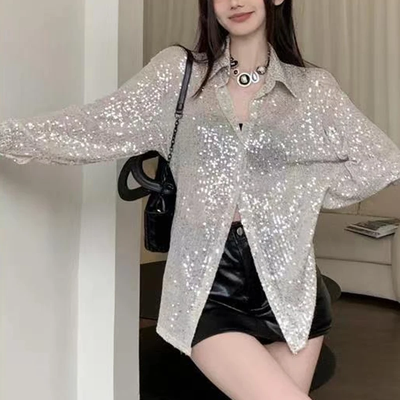 Spring Autumn New Turn-down Collar Fashion Long Sleeve Shirt Women Elegant Solid Color Sequined Button Cardigan Thin Style Tops