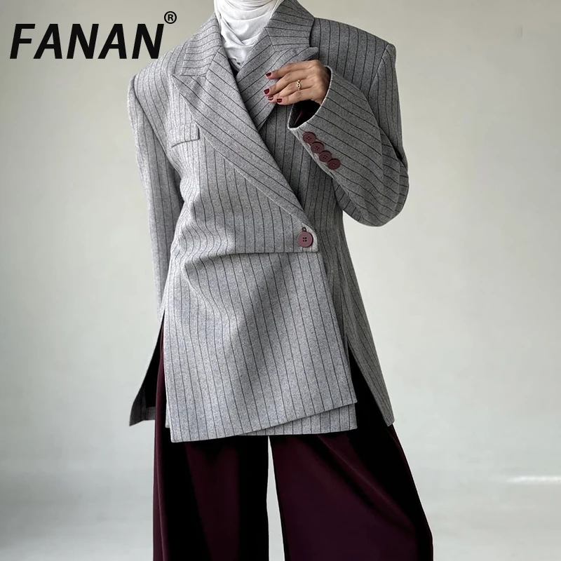

FANAN Fashion Stripe Printed Asymmetric Blazers Women's Long Sleeve Gathered Waist Jackets 2025 Autumn New Irregular Coats