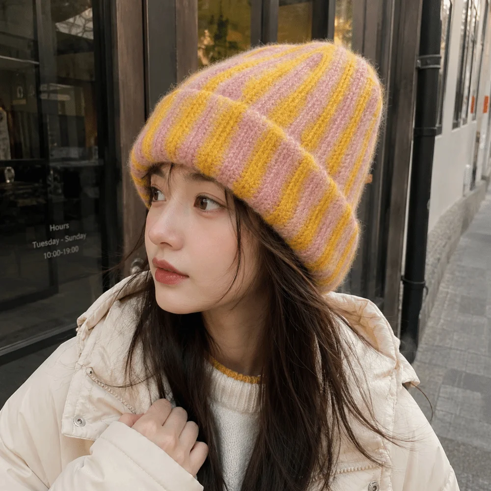 Brimless Color Blocked Striped Beanie Hat Soft Windproof Ribbed Knit Cap Thermal Thick Warm Hat Unisex