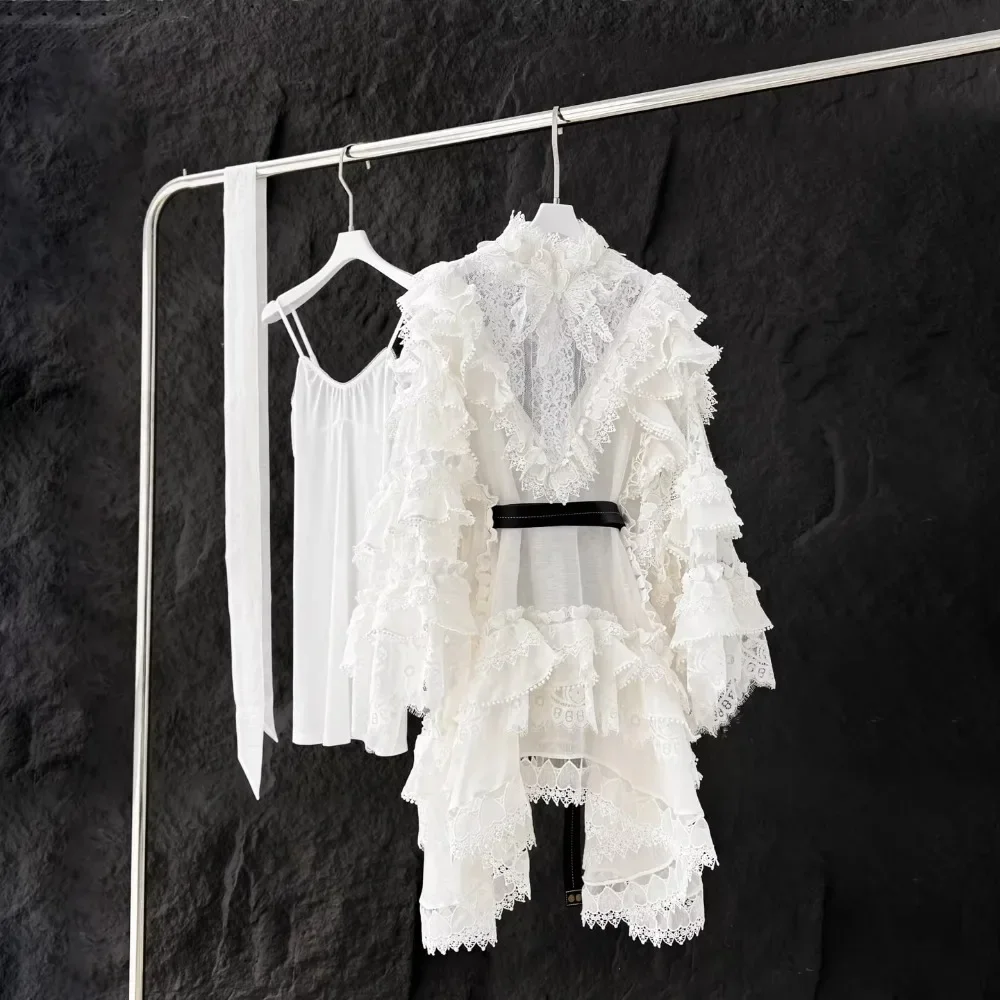 

Highest Quality Version Vintage Lace Dress Women Ruffle Long Sleeve High Neck Elegant White Hollow Out Belted Shirt Dress Spring
