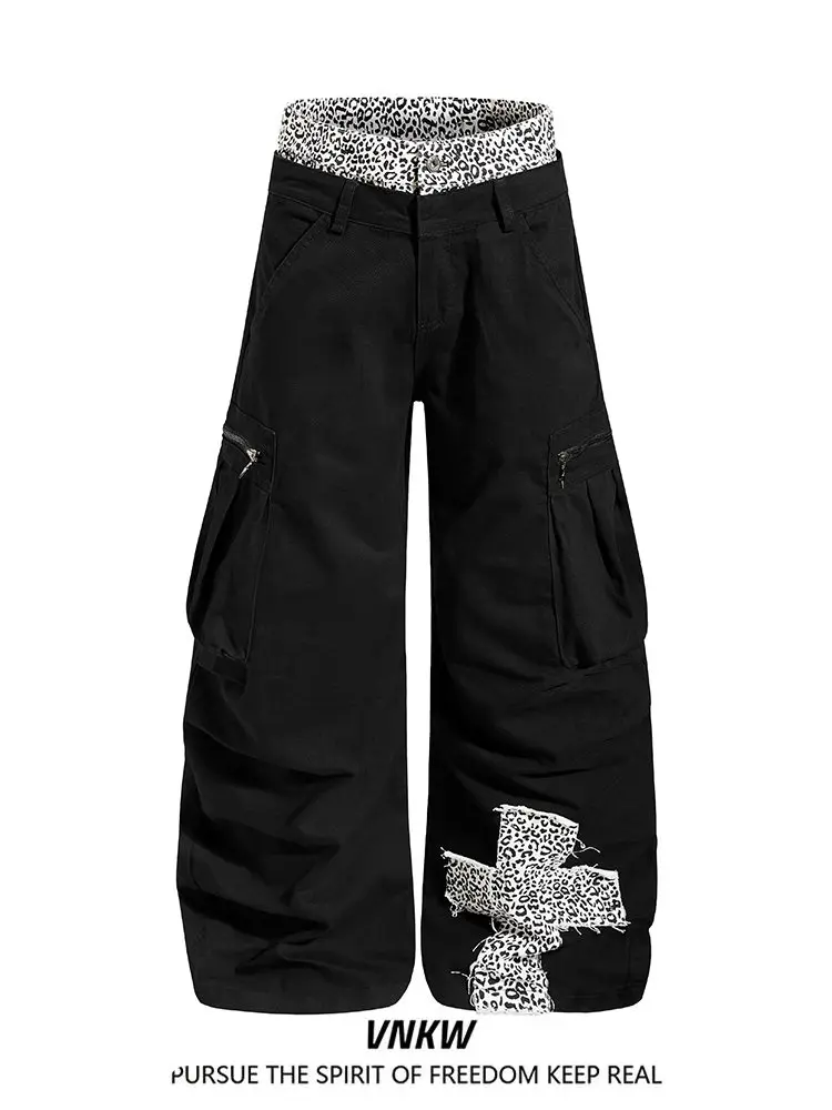 Loose Fit Wide Leg Workwear Pants Men's Women's Casual Trousers Patchwork Belt Knife Design Comfortable Breathable Jeans
