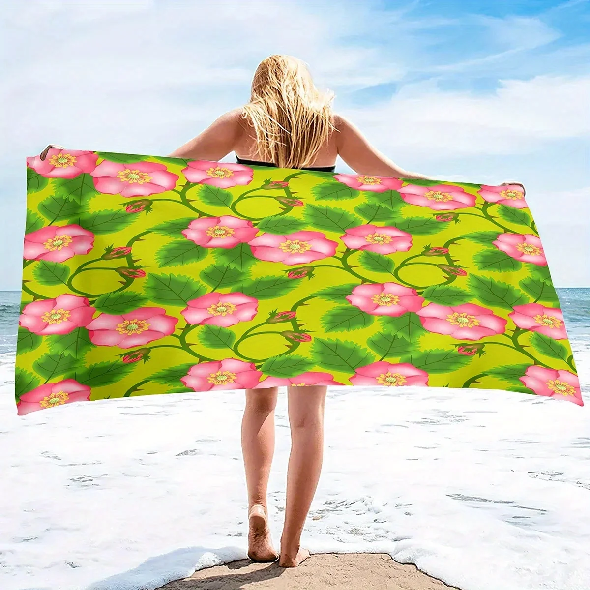 

Beach Towel Bright Green Printed Pattern Sun Protection Windproof Suitable for Pool Camping Travel Blanket