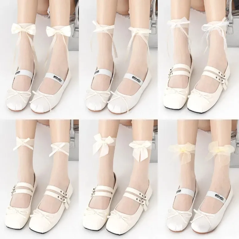 

Женские однотонные тонкие прозрачные носки Lori Kawaii Anime Sock Sweet Lolita Ballet Style Cream White Bowknot Ribbon Mid Tube Socks