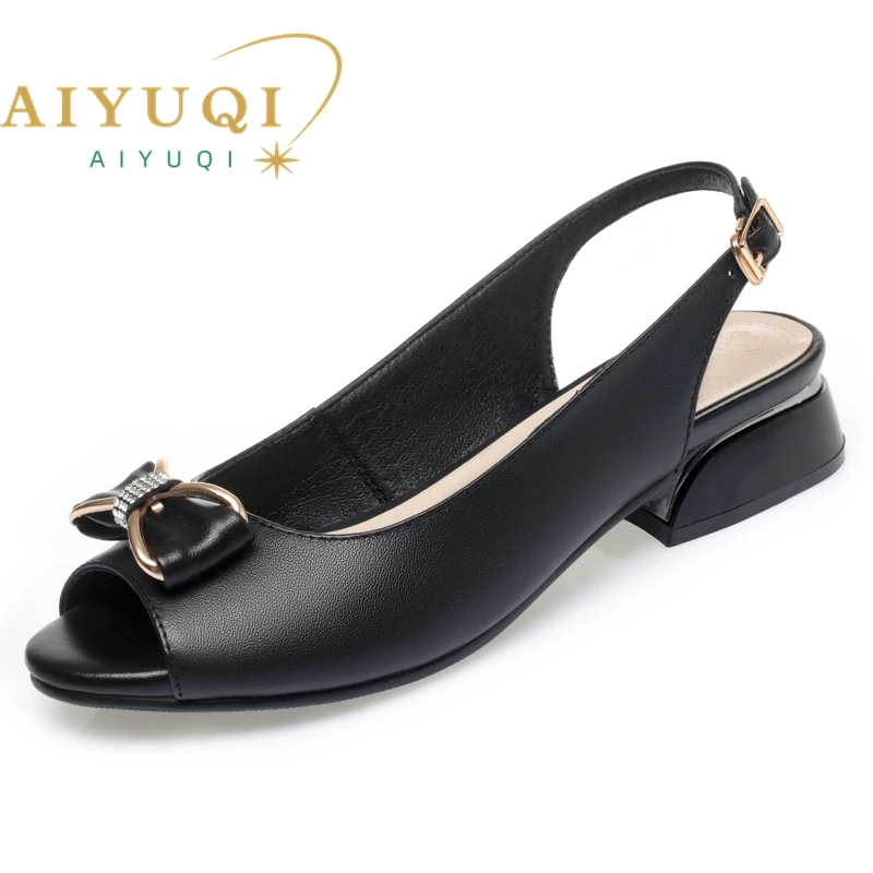 AIYUQI Women Sandals Genuine Leather 2024 Summer New Open Toe Fashion Bow Women\'s Sandals Fish Beak Large Size Sandals Ladies