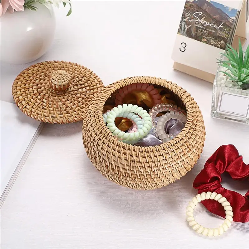 【LIMITED TIME DISCOUNT】Round Rattan Basket With Lid, 6.3" X 5.5", Small Decorative Box In Hand-Woven Wicker For Entryway& Picnic view 4