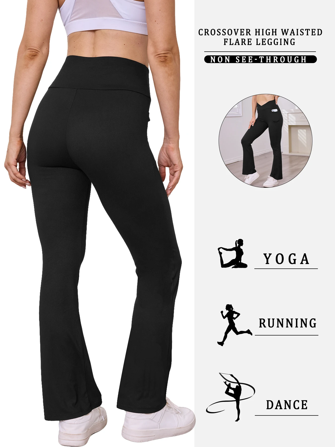 Legging feminina super macia crossover cintura alta com bolsos, calças de sino para ioga com controle de barriga
