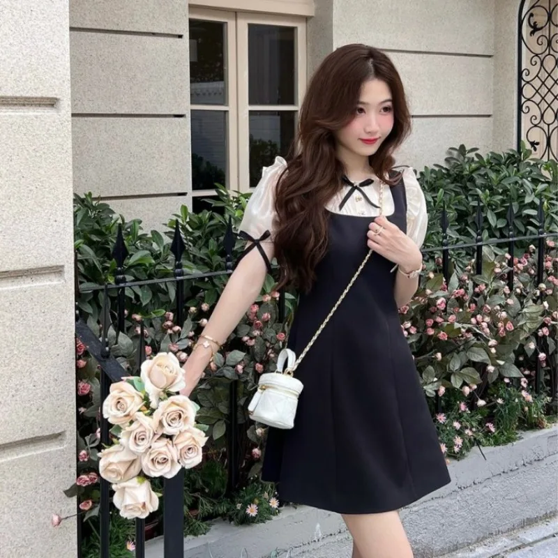 여성용 패치워크 반팔 미니 드레스, 우아한 기질, 한국 스타일, 캐주얼 유행 스트리트웨어, 활 프릴 슬림, 여름