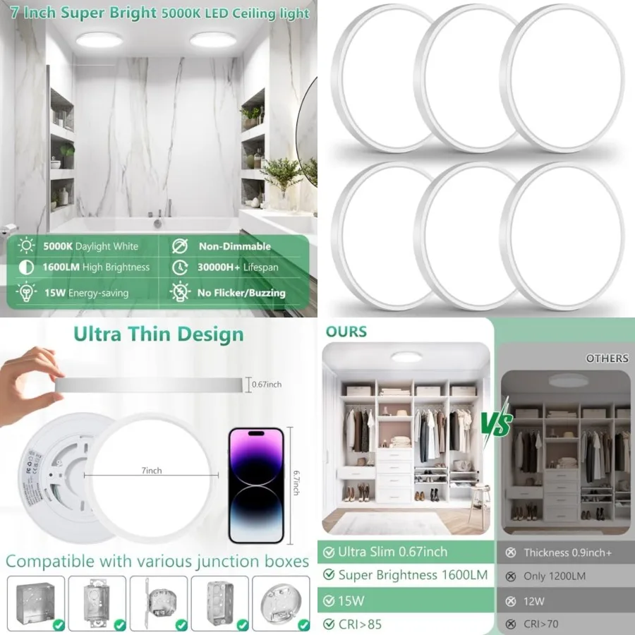 6 Pack LED Flush Mount Ceiling Light, 7 Inch 15W, Ultra Thin 0.67 Inch Small Ceiling Light Fixture, 1600LM Flat LED Ceiling Lig
