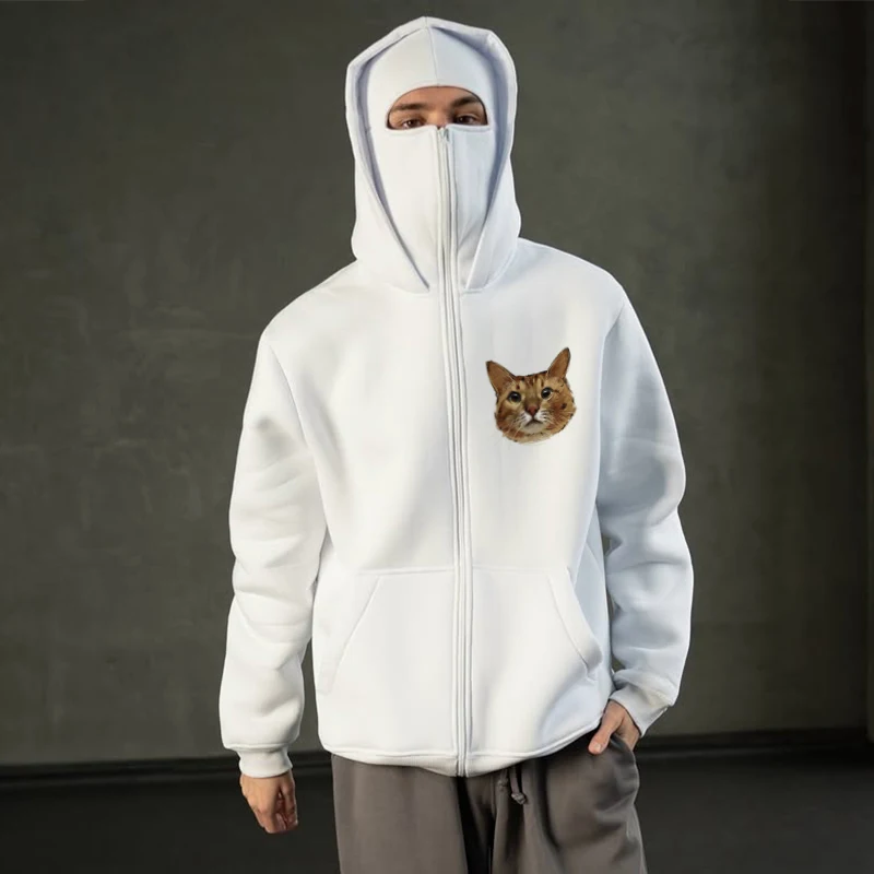 Autumn Winter Men Women White Zip Hoodie Face Mask Cat Pattern Print High Street Casual Unisex Style Loose Sweatshirts Outerwear