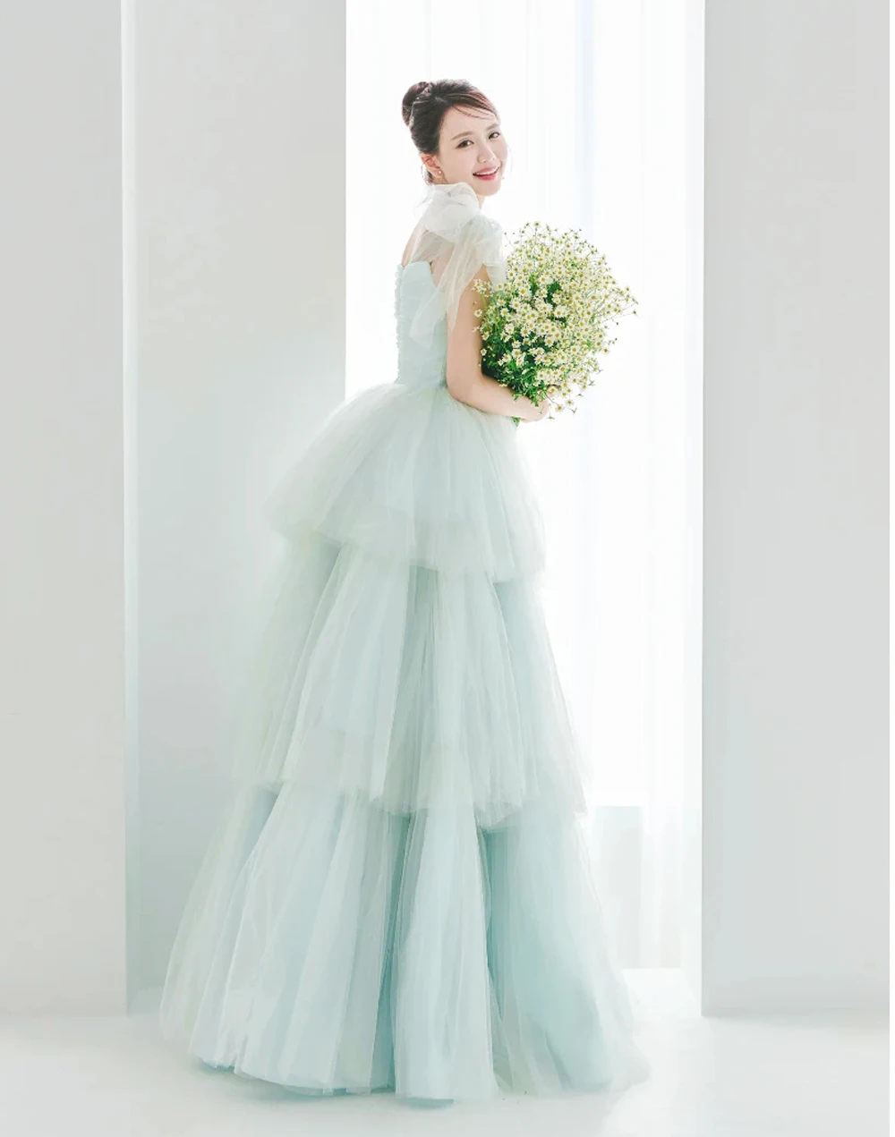 Welove Fairy Tulle A Line Corea Abiti da sposa Servizio fotografico Abiti da sposa da giardino legati con fiocco Lunghezza pavimento Realizzato su