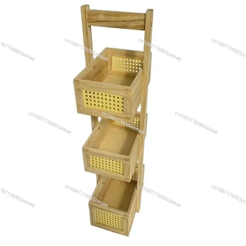 Bamboo Rattan Basket Portable Bathroom Bamboo Rattan Shelf Free-standing Bamboo Ladder Storage Rack