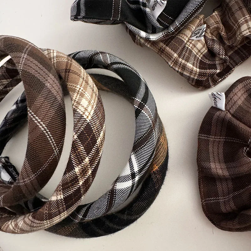 New Padded Headband Coffee Color Plaid Checkered Pattern Puffy Hair Rope Stylish Autumn Winter Women Hair Accessories Hairband