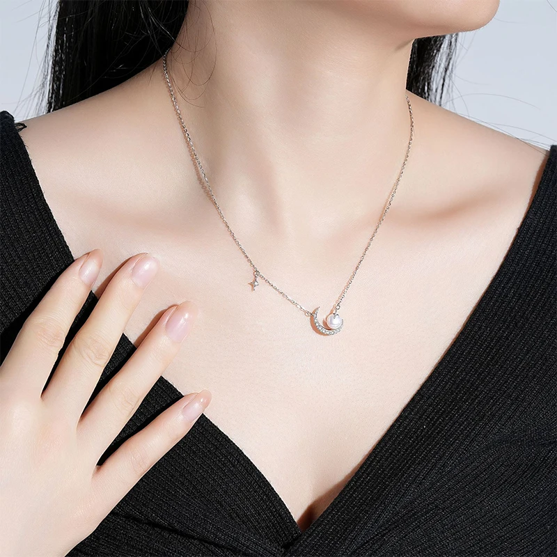 Christmas 925 Sterling Silver Moon Necklace With Sweet And Exquisite Temperament Pearl Collarbone Chain Jewelry Gift Wholesale