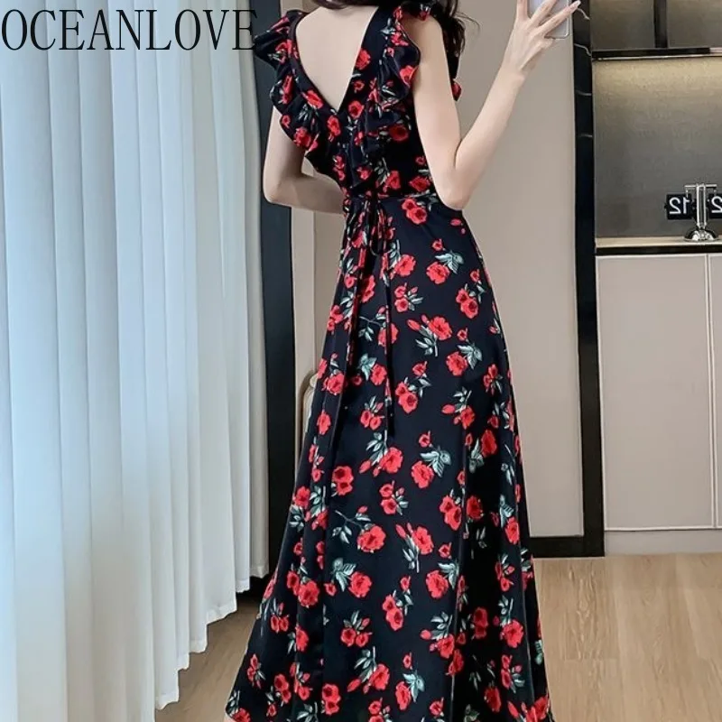 

OCEANLOVE Vestidos Mujer Backless Ruffles Print Floral Vintage Spring Summer Women Dress Korean Fashion Sweet Long Dresses