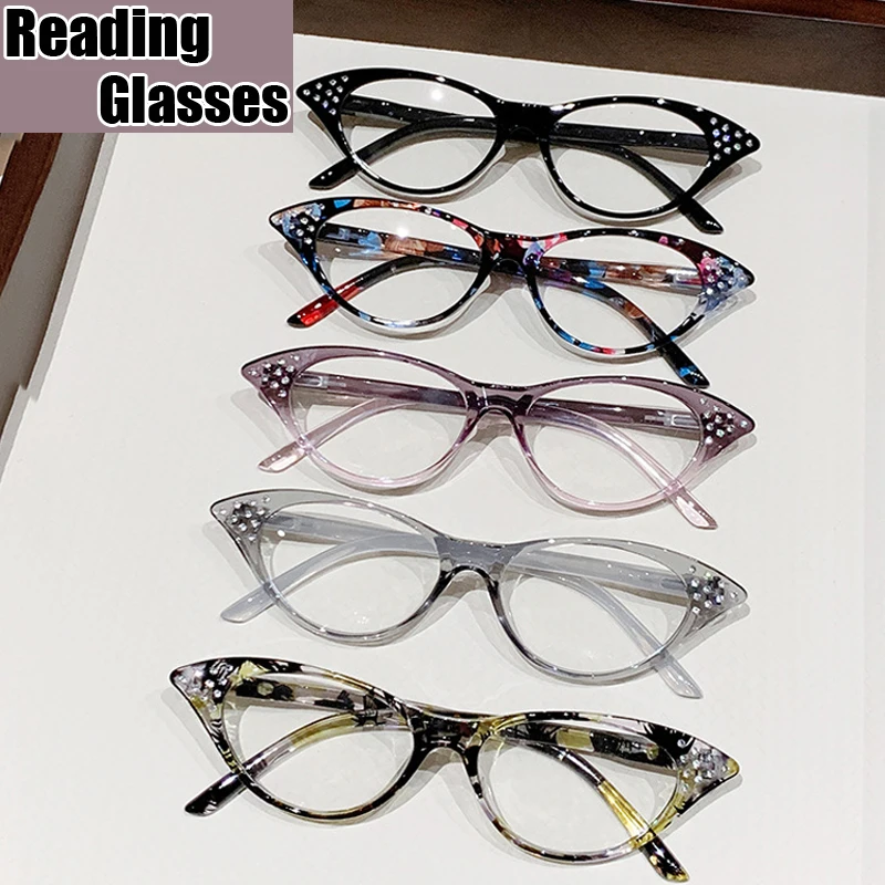 

Diamond Fashion Presbyopia Glasses Ultralight Luxury Cat Eye Hyperopia Eyeglasses Women Men's Far Sight Eyewear Diopter +1.0+1.5