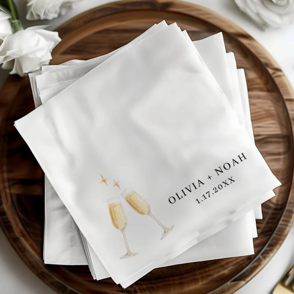 50Pcs Personalized Couples Shower Napkins, Custom Champagne Toast Cocktail Napkins, Wedding Engagement Anniversary Party Napkins