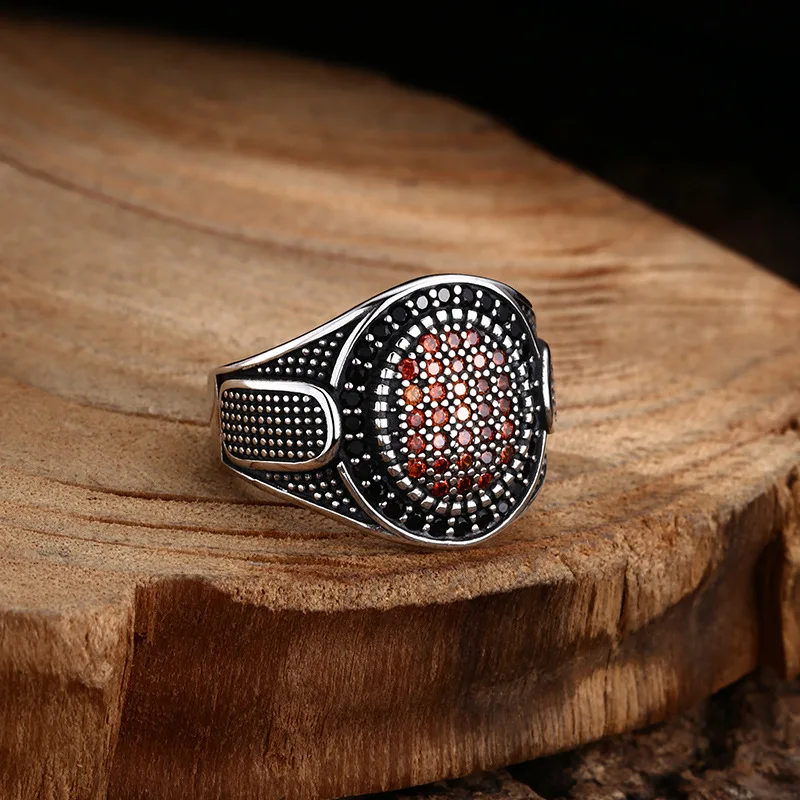 S925 Sterling Silver Red Zircon Adjustable Ring Punk Style Old Process Round Solid Free Size Fine Jewelry FYRNG145