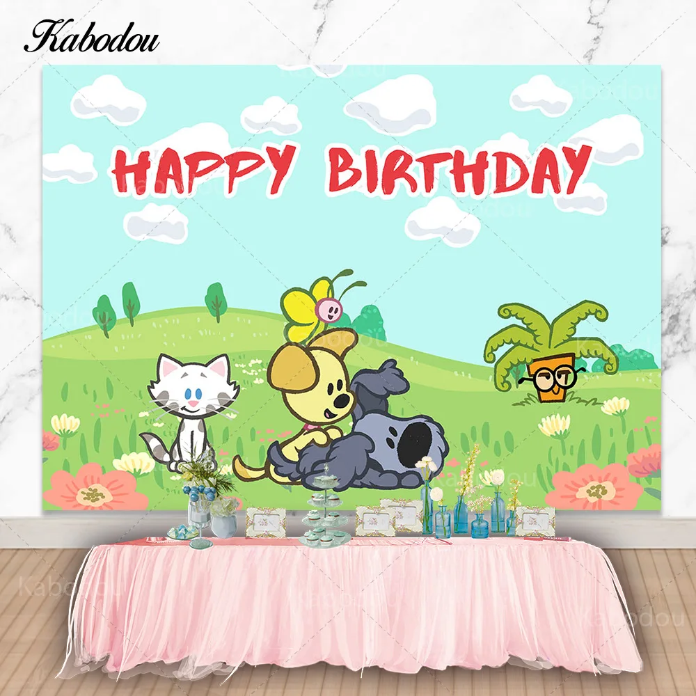 Kabodou Woezel & Pip Backdrops For Kids Birthday Party Photography Background Cartoon Dogs Cat Green Grass Decor Banner