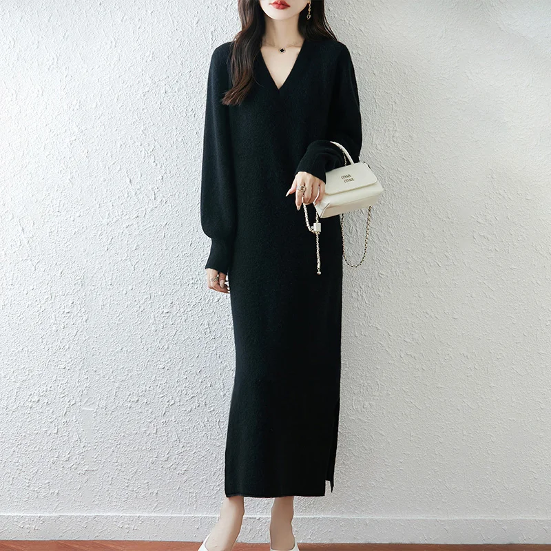 

Yoyoselect, женское утепленное платье из 100% мериносовой шерсти с v-образным вырезом, прямое платье до щиколотки с разрезом, осень-зима, мягкий теплый трикотаж