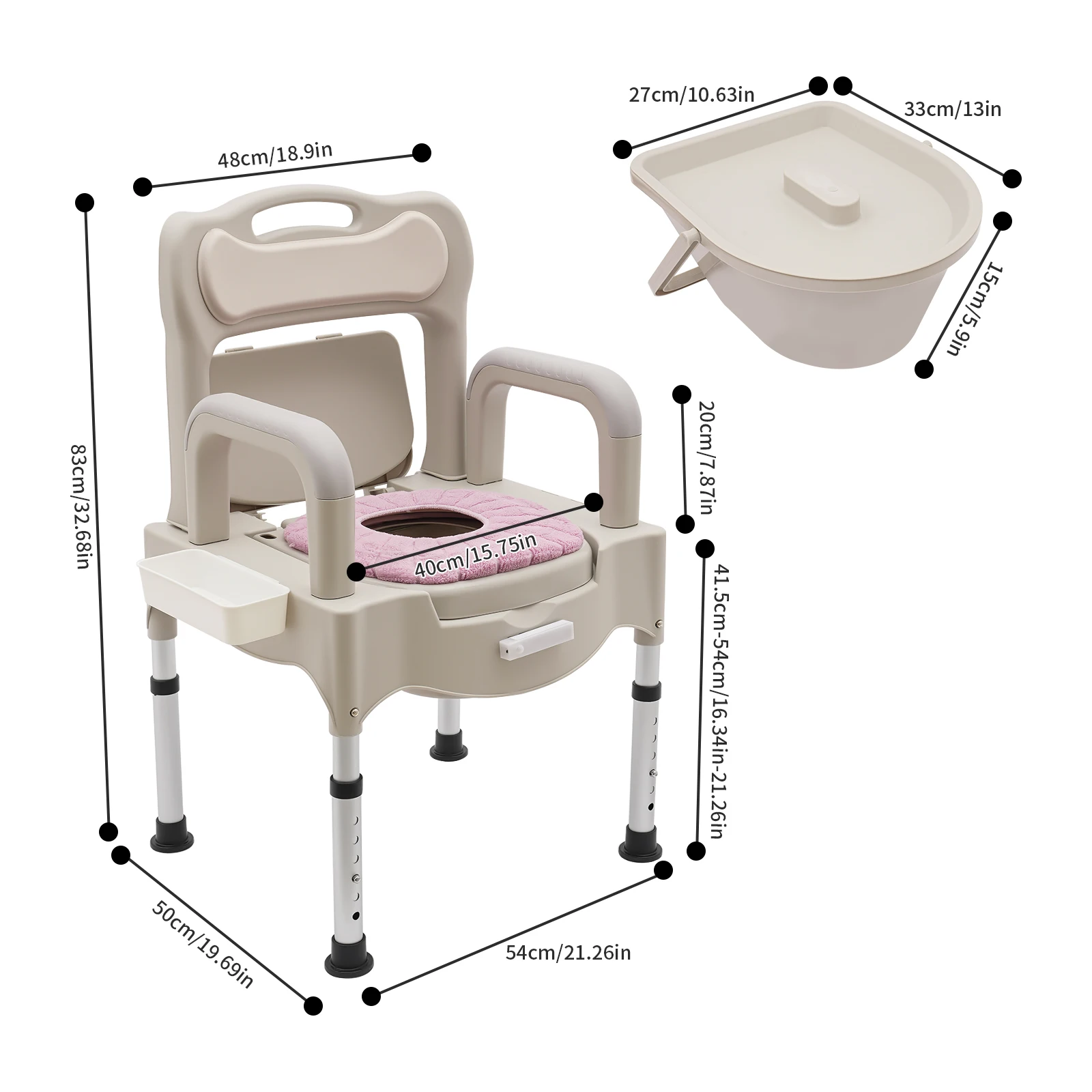 كرسي مرحاض مع ضوء ليلي وحامل مناديل - قاعدة ألومنيوم قوية، مقعد PU مريح، سعة 551 رطل، لكبار السن والمعاقين