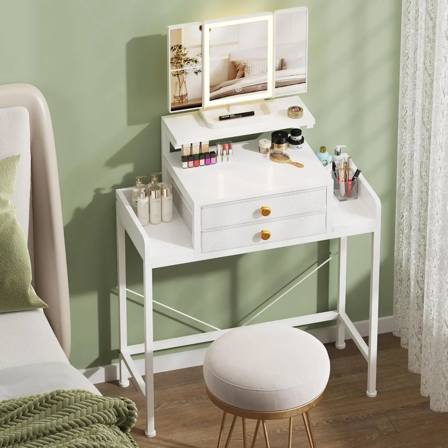 

28.4''W Adjustable Vanity Desk with Mirror, Lights, and Drawers for Small Spaces, White