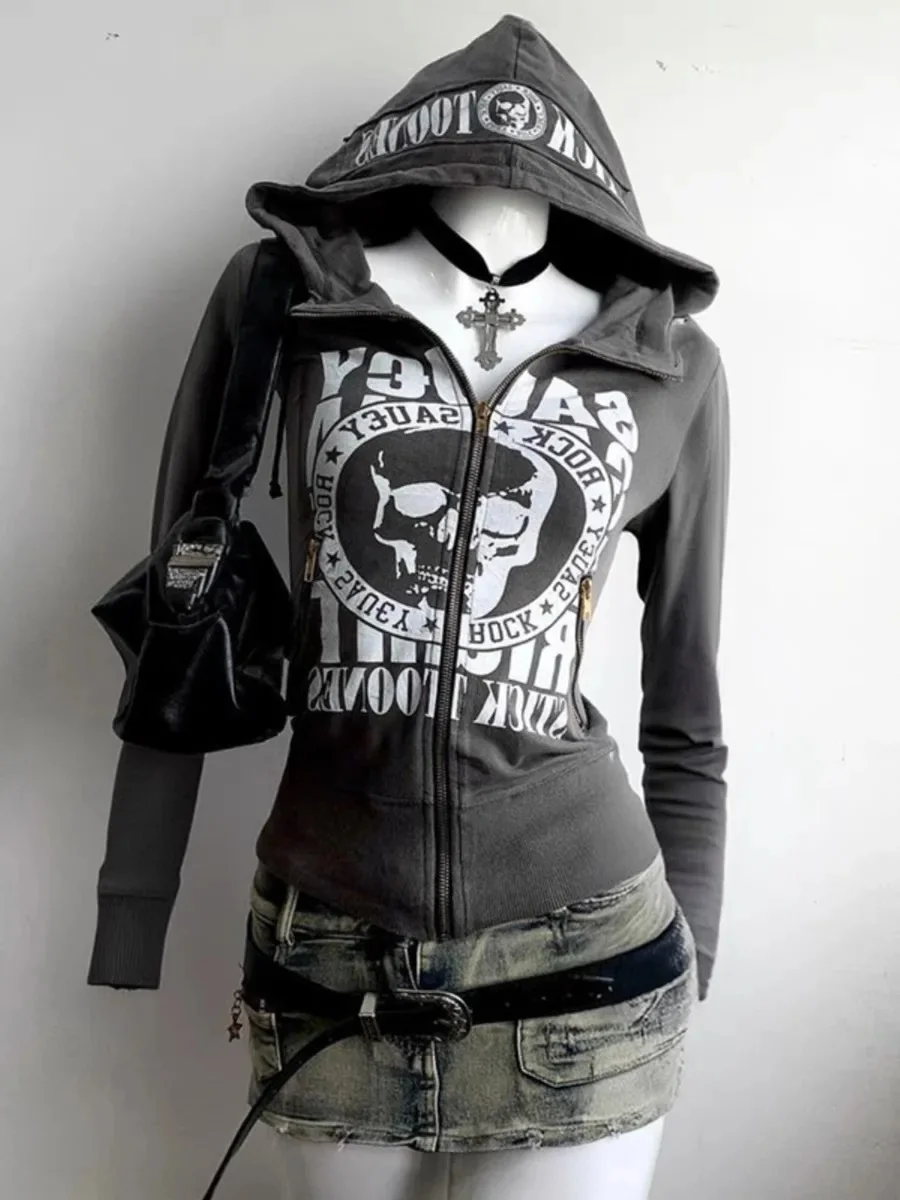 Hoodie Damen Brief Punk Grunge Print Kurzarm Vintage Ästhetische Hoodies Y2k Sweatshirts Femme Winter Kapuzenreißverschluss Mantel