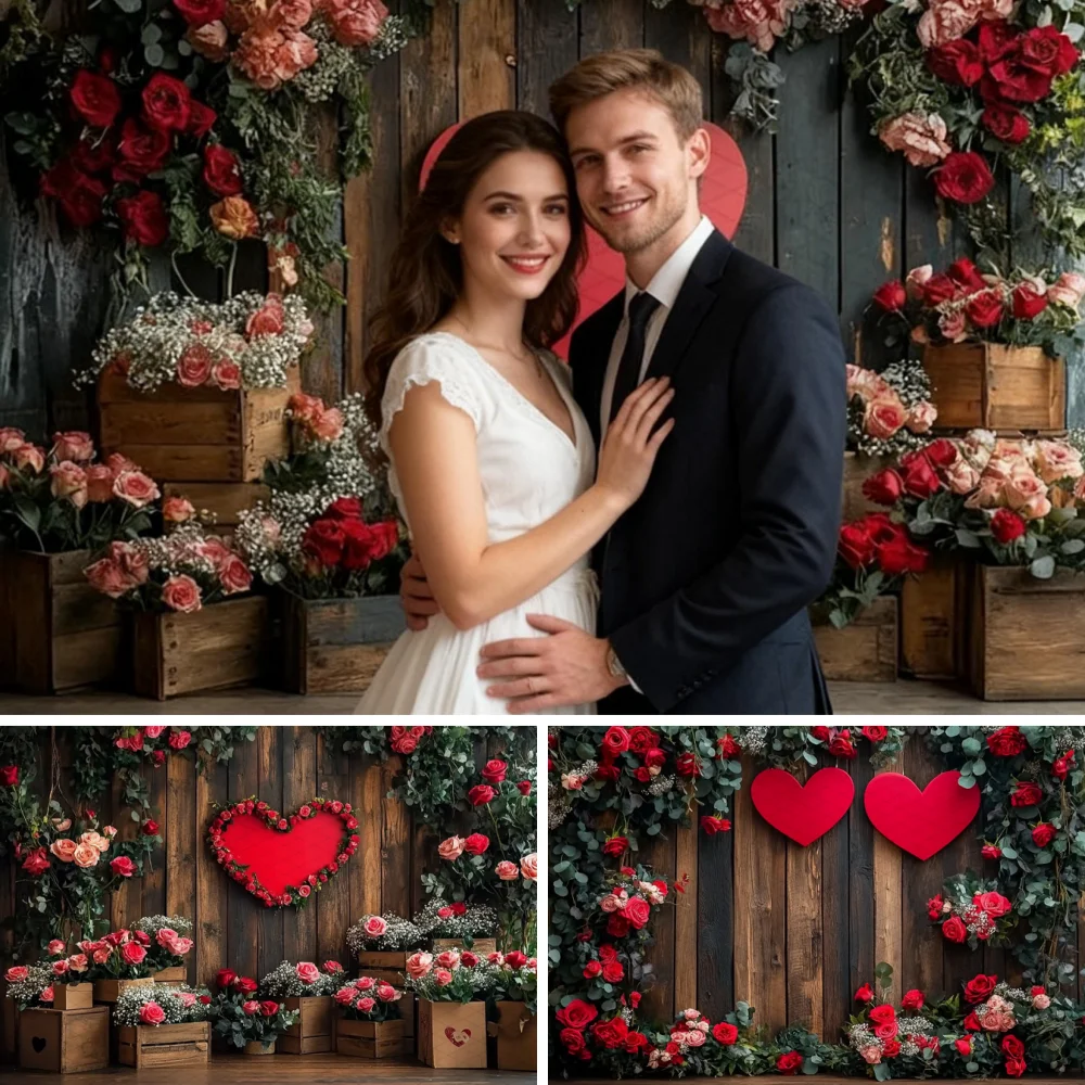 

Valentine's Day Photography Backdrop Red Rose Love Flower Wooden Wall Decor Adult Girl Wedding Photo Background Studio Banner