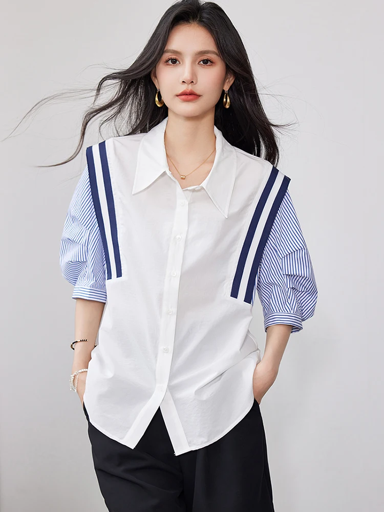 French Elegant Office Lady Shirt Female 2024 Spring Striped Contrasting Color Long-Sleeved Temperament Slim Top Fashion Blouse