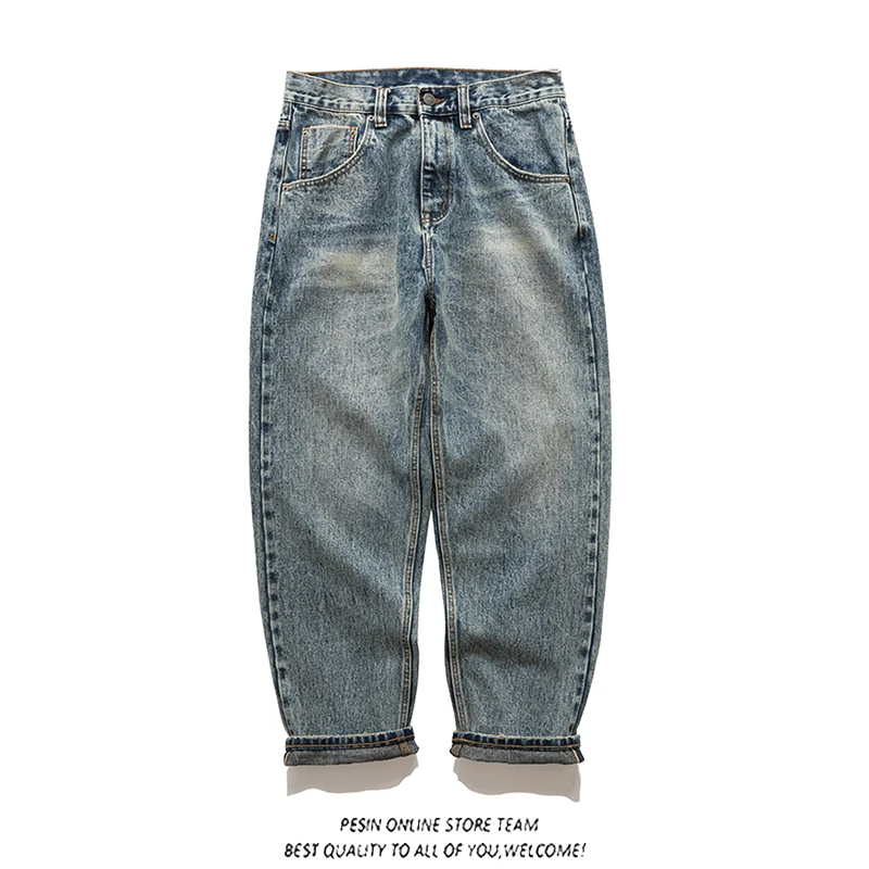 

Повседневные широкие джинсы ручной работы с белым шумом и снежинками в стиле ретро, свободные длинные брюки прямого кроя для молодых мужчин, зимний сезон