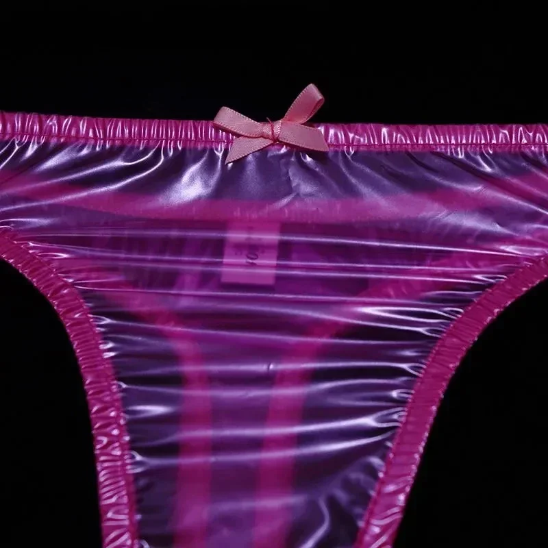 See Through Sexy Plastic T-back Men Pink Bow Woman Gloss Soft Low Waist PVC G-string Couple Erotic Briefs Waterproof Pantie﻿