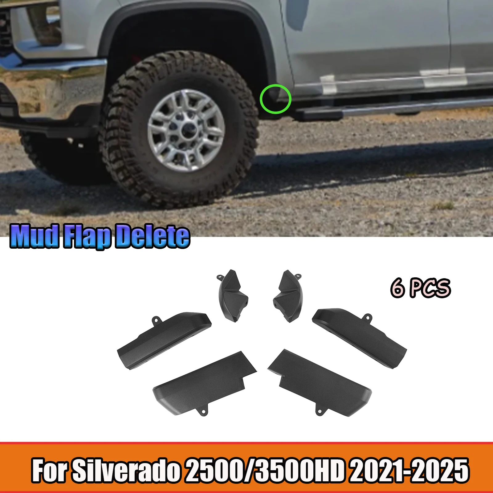 

For Silverado 2500/3500HD 2021-2025 6PCS Mud Flap Delete Replacement Mudguards Car Accessories Body Kits ABS Plastic