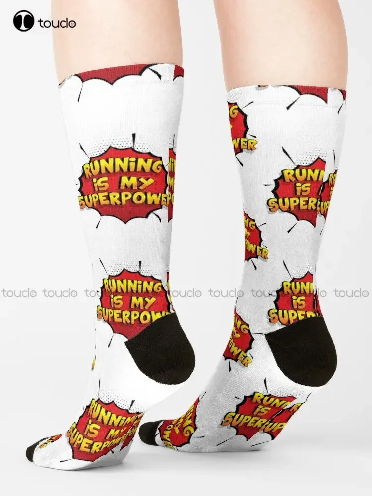 Running Is My Superpower Funny Design Running Gift Socks Girls White Socks Personalized Custom Unisex Adult Teen Youth Socks Art