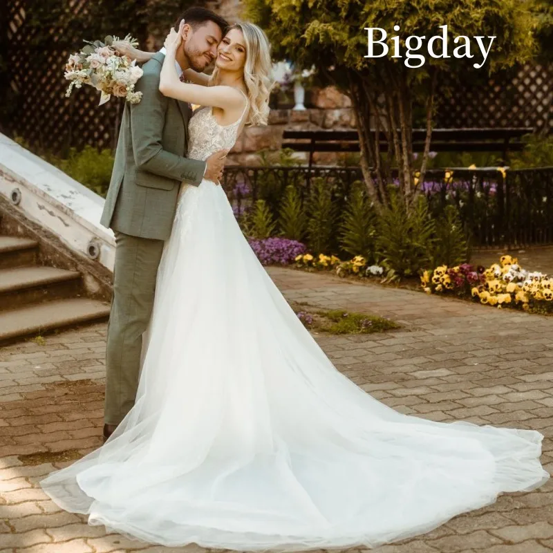 Vestidos De Novia elegantes De línea a para mujer, vestido De Novia De encaje con espalda abierta, tul con tirantes finos, tren De barrido