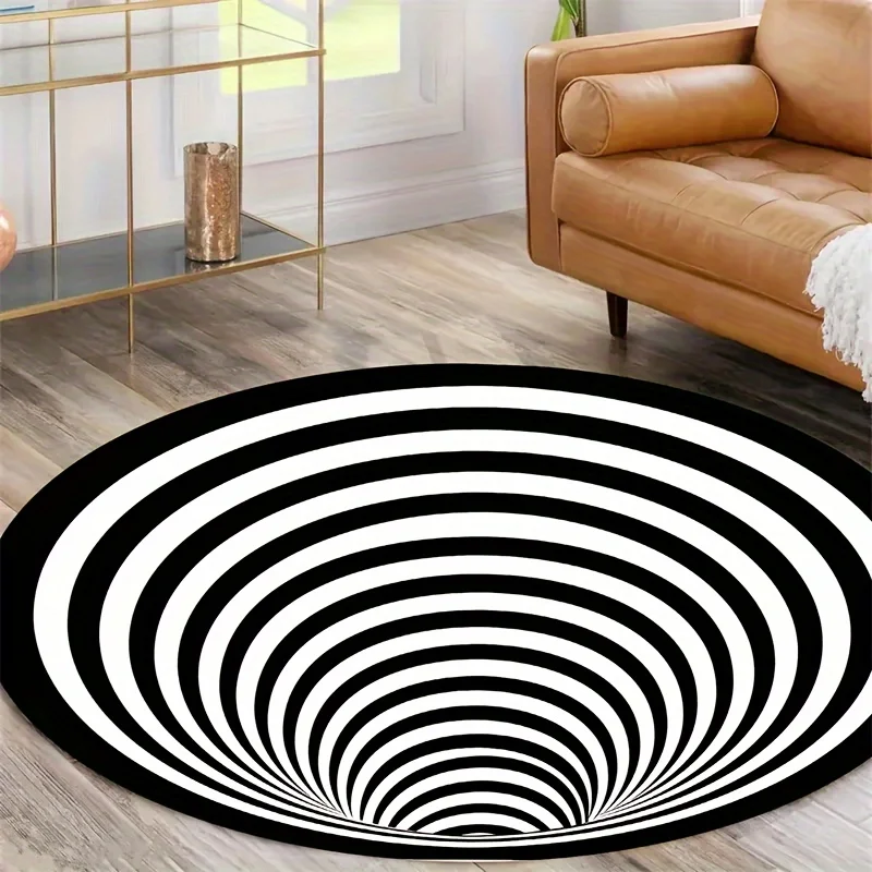 Modern Black and White Circular Optical Illusion Concentric Spiral Area Rug Mat for Living Room Hallway Floor Home Decor Decorat