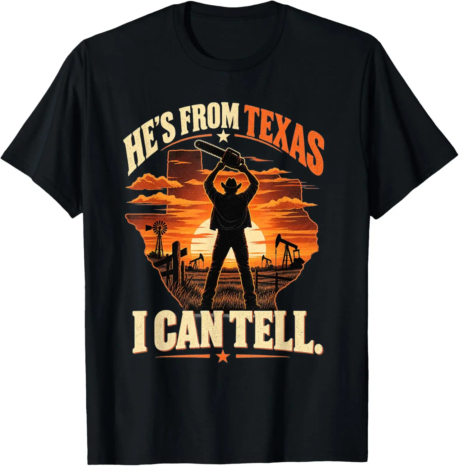 Hes From Texas I Can Tell Shirt Halloween, Chainsaw Horror T-Shirt Stylish, Breathable, 100% Cotton Short-Sleeve Tee With Fun,