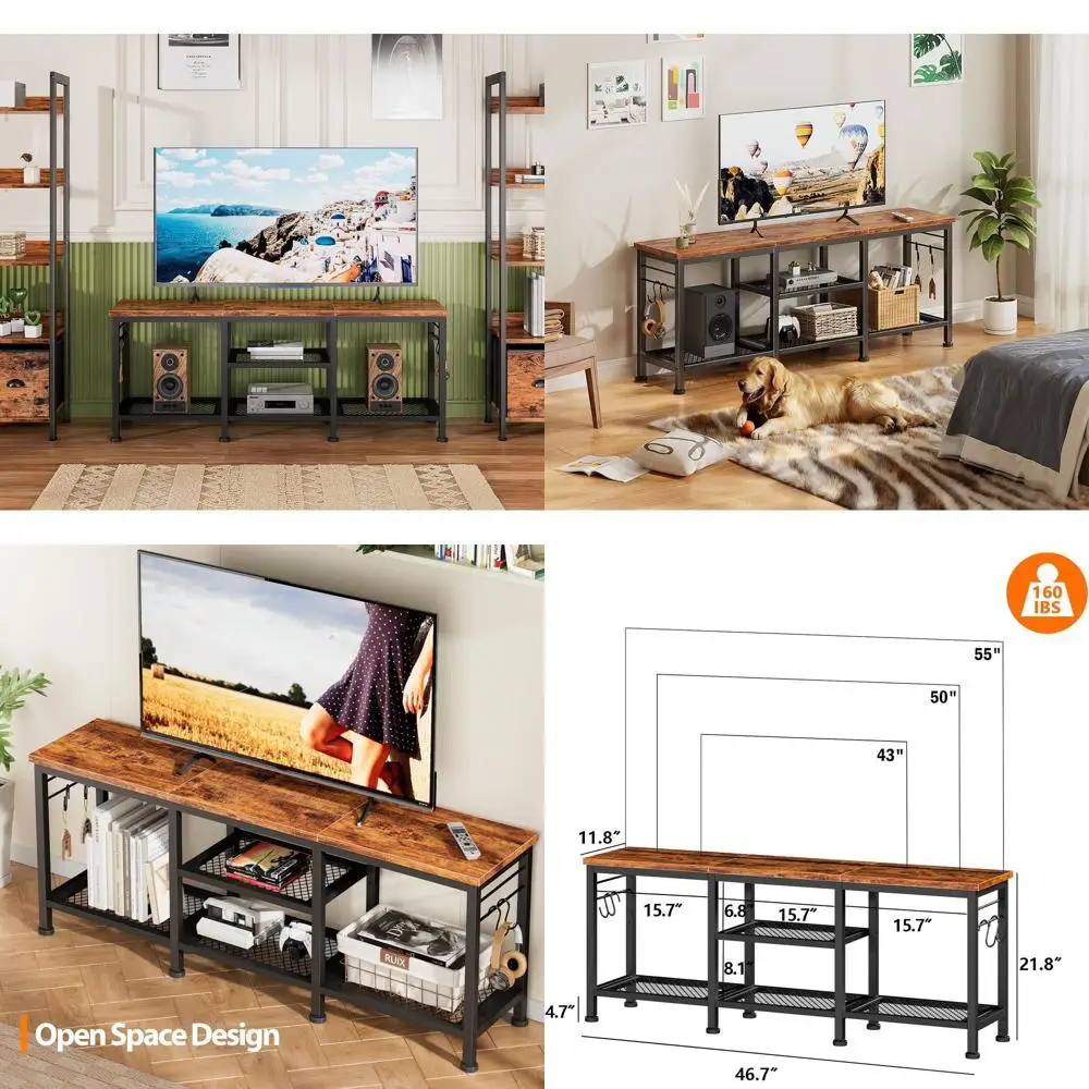 

Rustic Brown 55 TV Stand with Open Shelves and Soundbar Space for Living Room Entertainment
