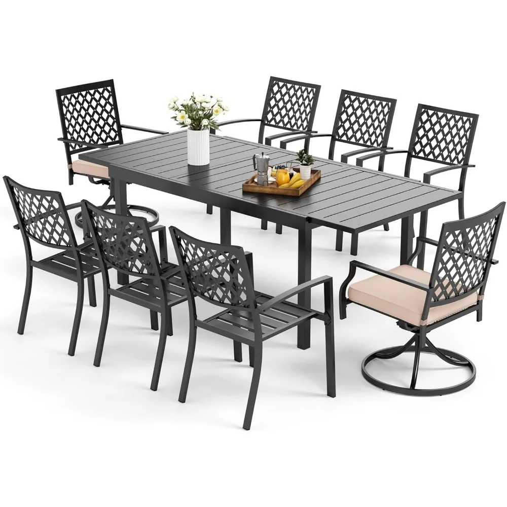 9 Pieces Metal Patio Dining Set,1 Expandable Outdoor Steel Slat Rectangular Table and 6 Metal Mesh Stackable Chairs, 2 Swivel