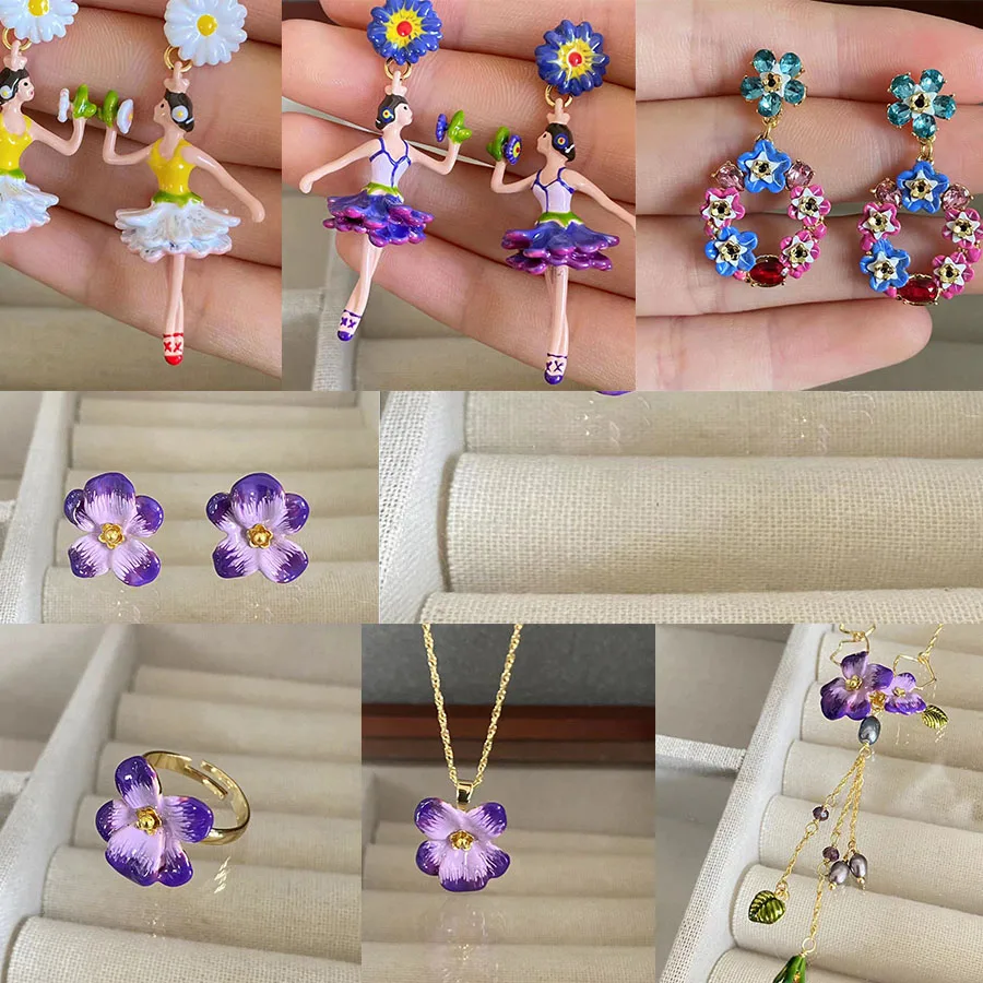 Euro-American Enamel Glaze Flower Violet Earrings Necklace Ring Set