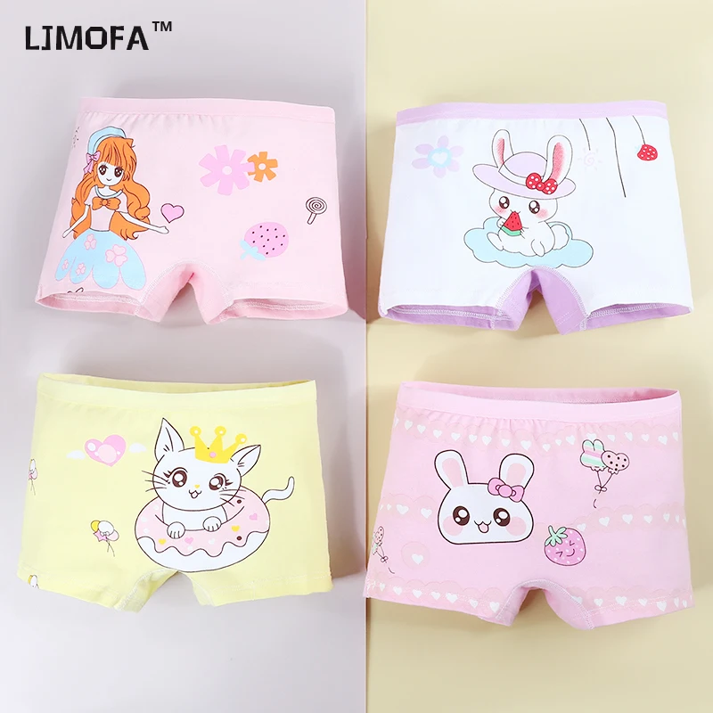 

LJMOFA 4Pcs/Lot Girl Cotton Underwear Teenage Kids Panties Girls Underpants Cute Cartoon Boxer Briefs Breathable Underpants B309