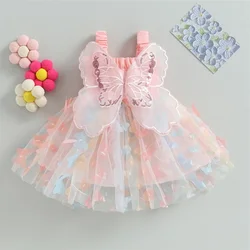 Summer Girls' New Dress Sweet Sling Waist Wrapped Colorful Butterfly Mesh Back Big Wings Princess Dress